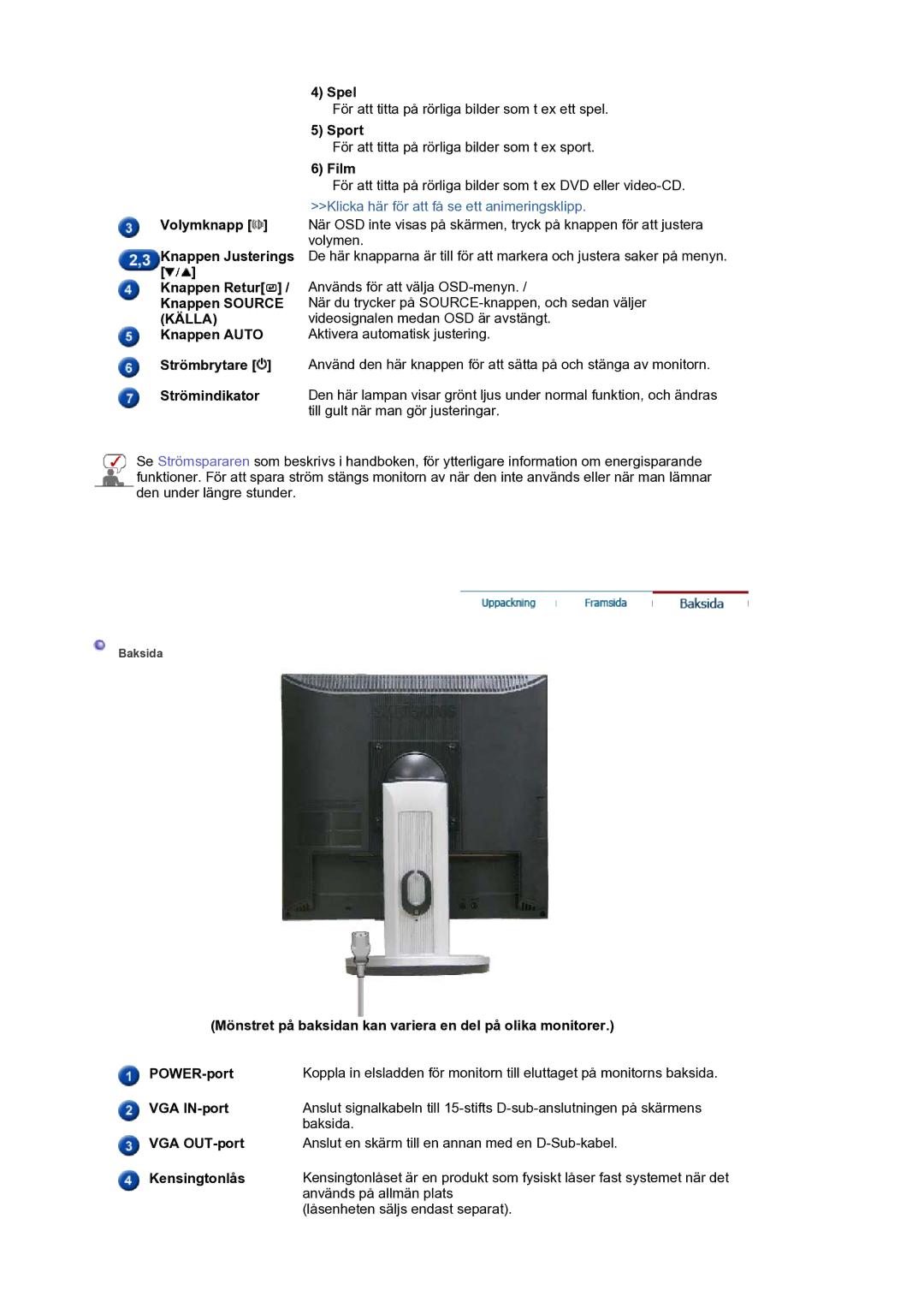 Samsung LS17SMTTS/EDC manual Spel, Sport, Film, VGA IN-port, VGA OUT-port, Kensingtonlås 