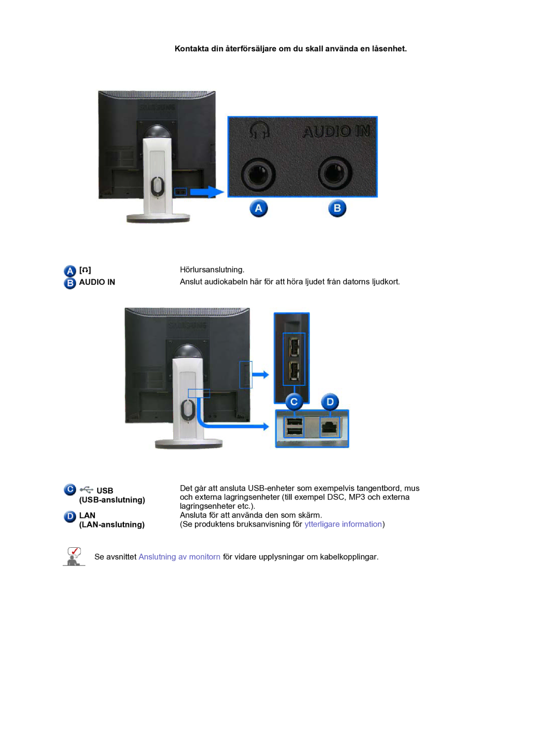 Samsung LS17SMTTS/EDC manual Audio, USB USB-anslutning LAN LAN-anslutning 