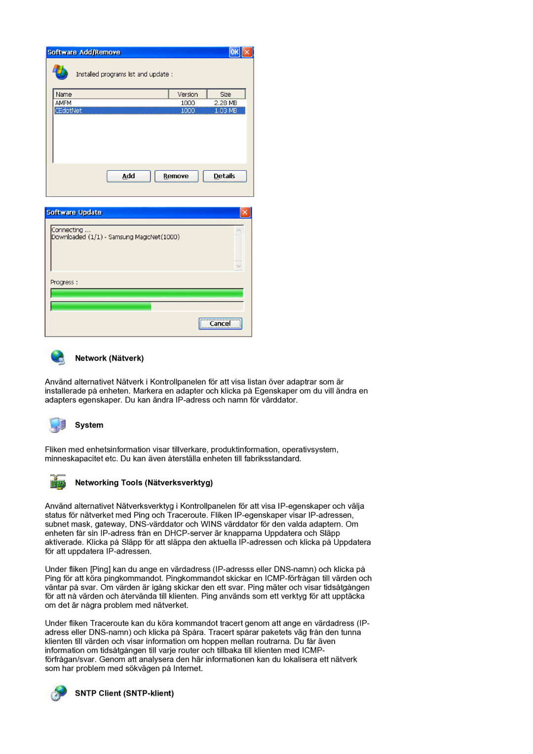 Samsung LS17SMTTS/EDC manual Network Nätverk, System, Networking Tools Nätverksverktyg, Sntp Client SNTP-klient 