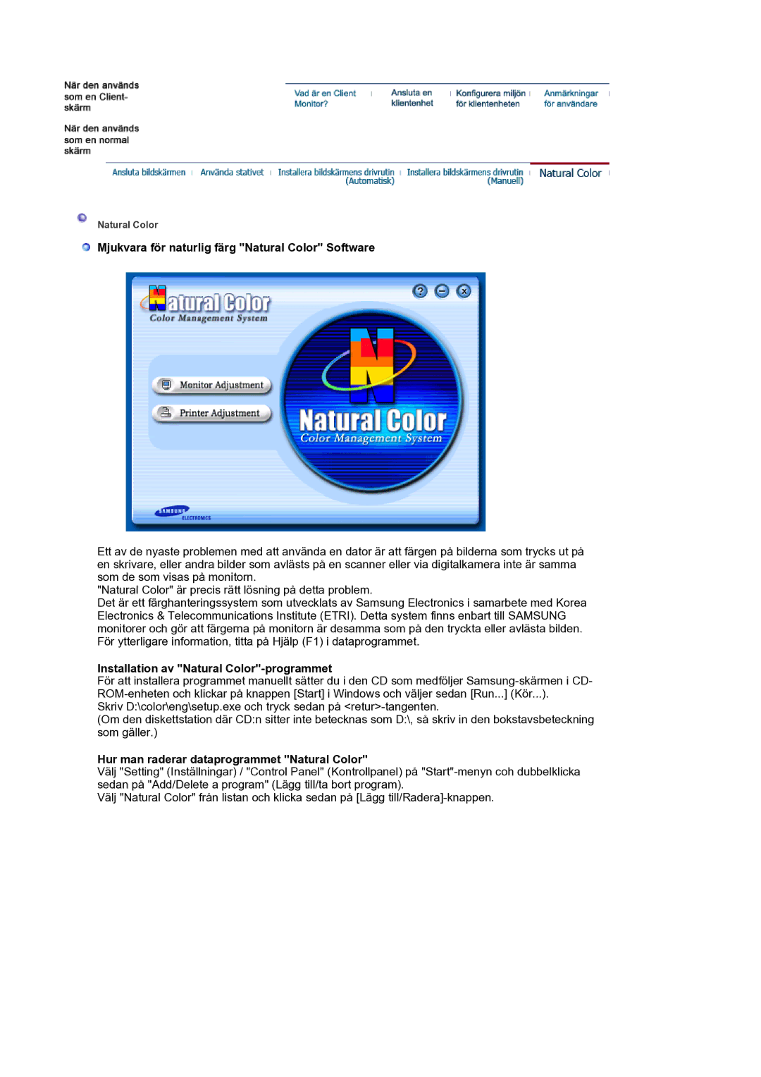 Samsung LS17SMTTS/EDC manual Mjukvara för naturlig färg Natural Color Software, Installation av Natural Color-programmet 