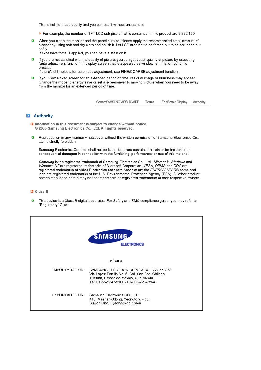 Samsung LS17SRTTSN/EDC manual Authority, Class B 