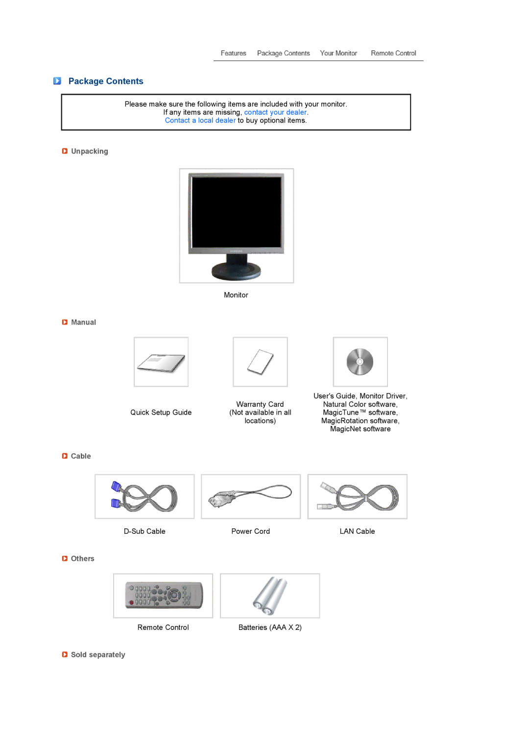 Samsung LS17SRTTSN/EDC manual Package Contents 