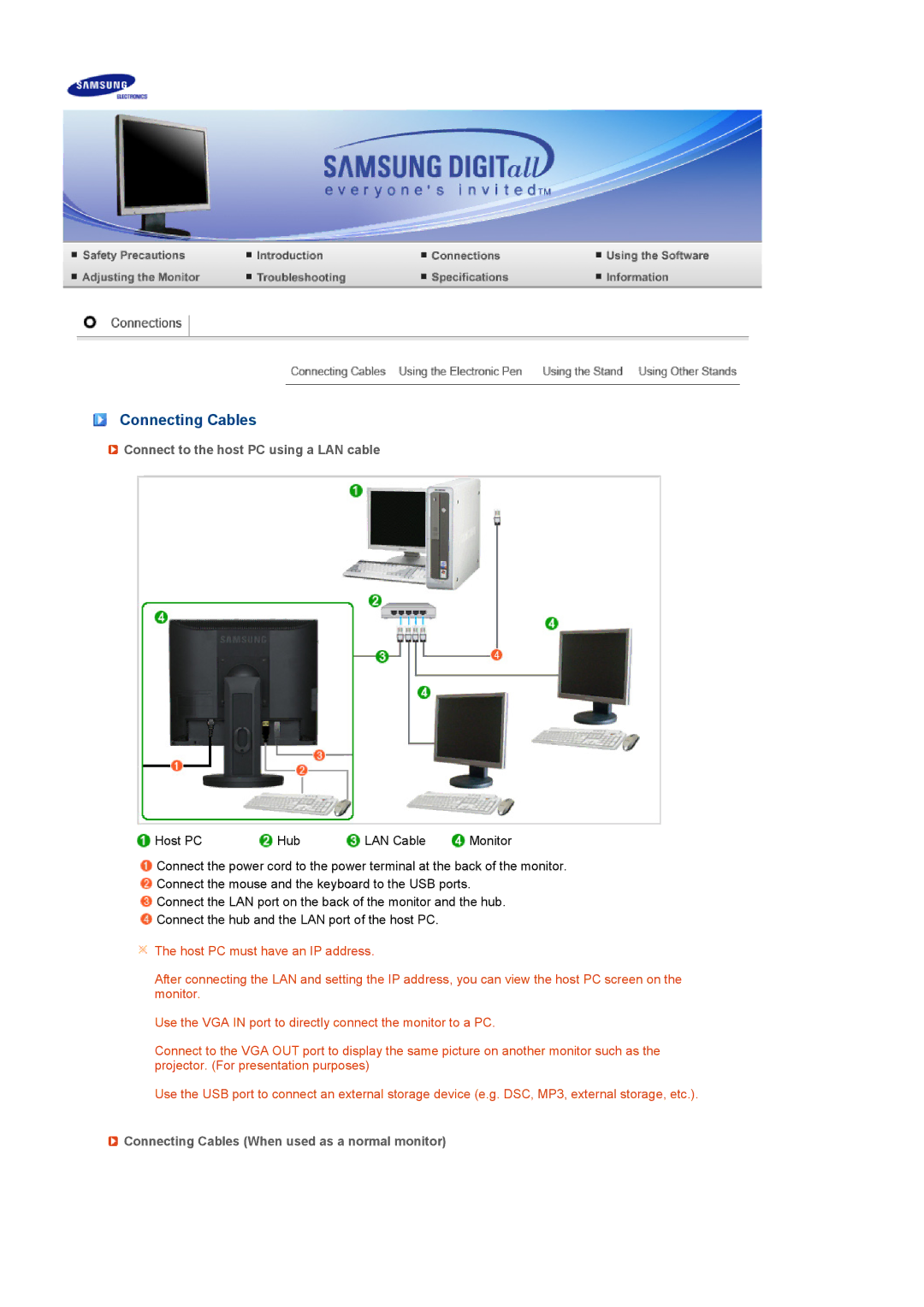 Samsung LS17SRTTSN/EDC manual Connecting Cables, Connect to the host PC using a LAN cable 