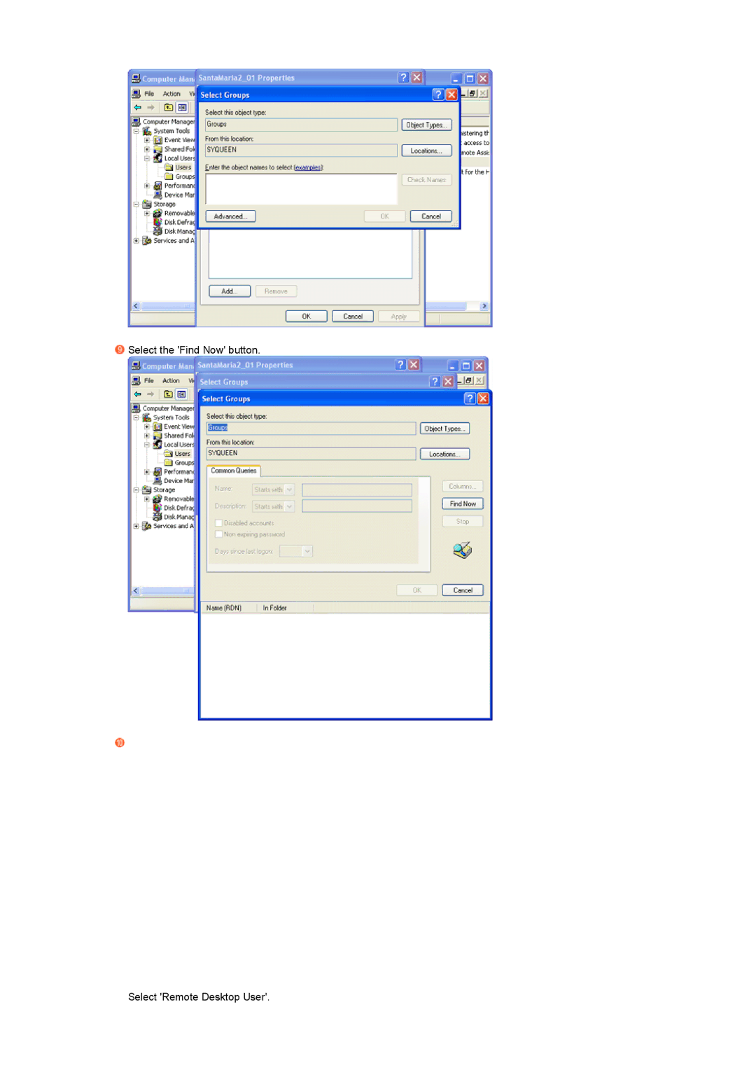 Samsung LS17SRTTSN/EDC manual Select the Find Now button Select Remote Desktop User 