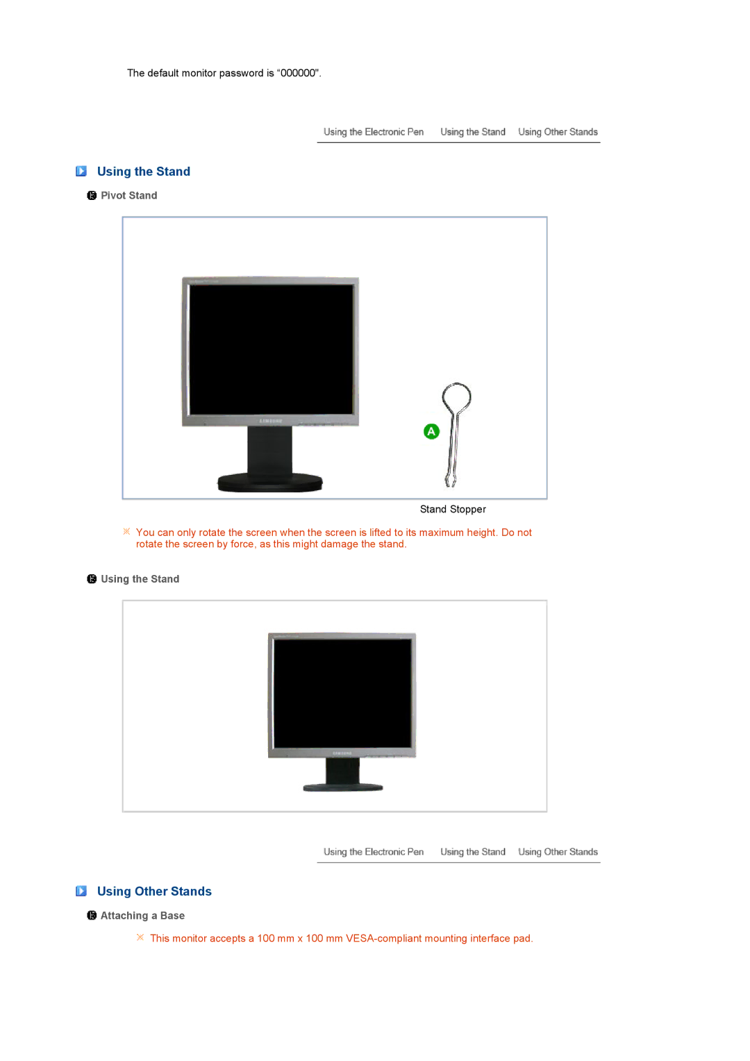 Samsung LS17SRTTSN/EDC manual Using the Stand, Using Other Stands, Pivot Stand, Attaching a Base 