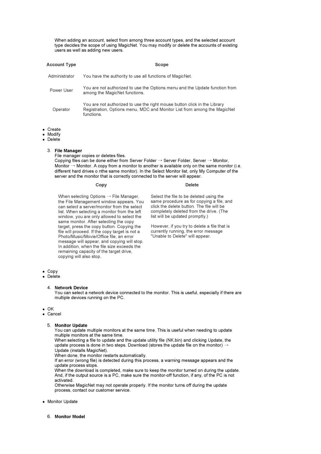 Samsung LS17SRTTSN/EDC manual File Manager, Network Device, Monitor Update, Monitor Model 