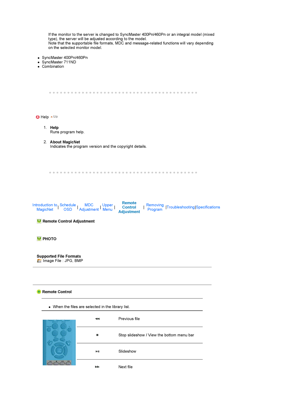 Samsung LS17SRTTSN/EDC manual Help, About MagicNet, Remote Control Adjustment, Supported File Formats 