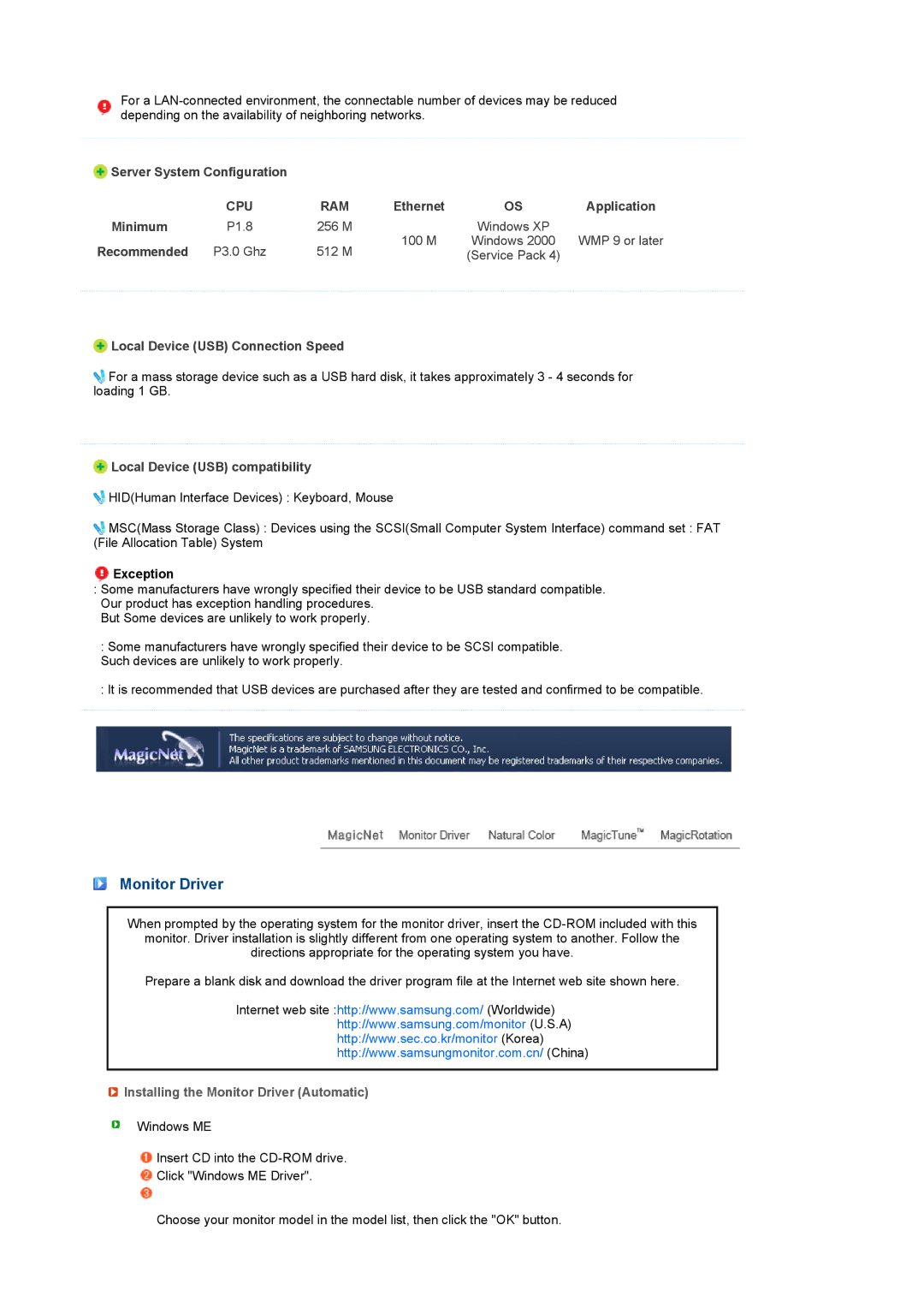 Samsung LS17SRTTSN/EDC manual Exception, Installing the Monitor Driver Automatic 