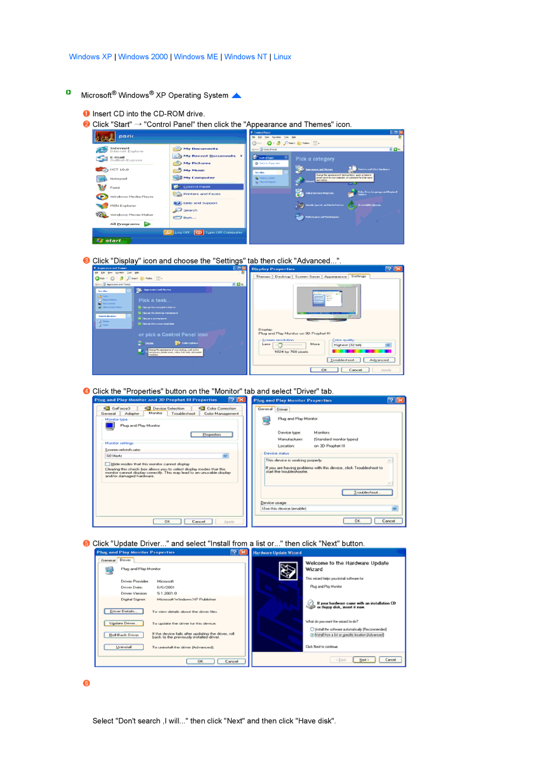 Samsung LS17SRTTSN/EDC manual Windows XP Windows 2000 Windows ME Windows NT Linux 