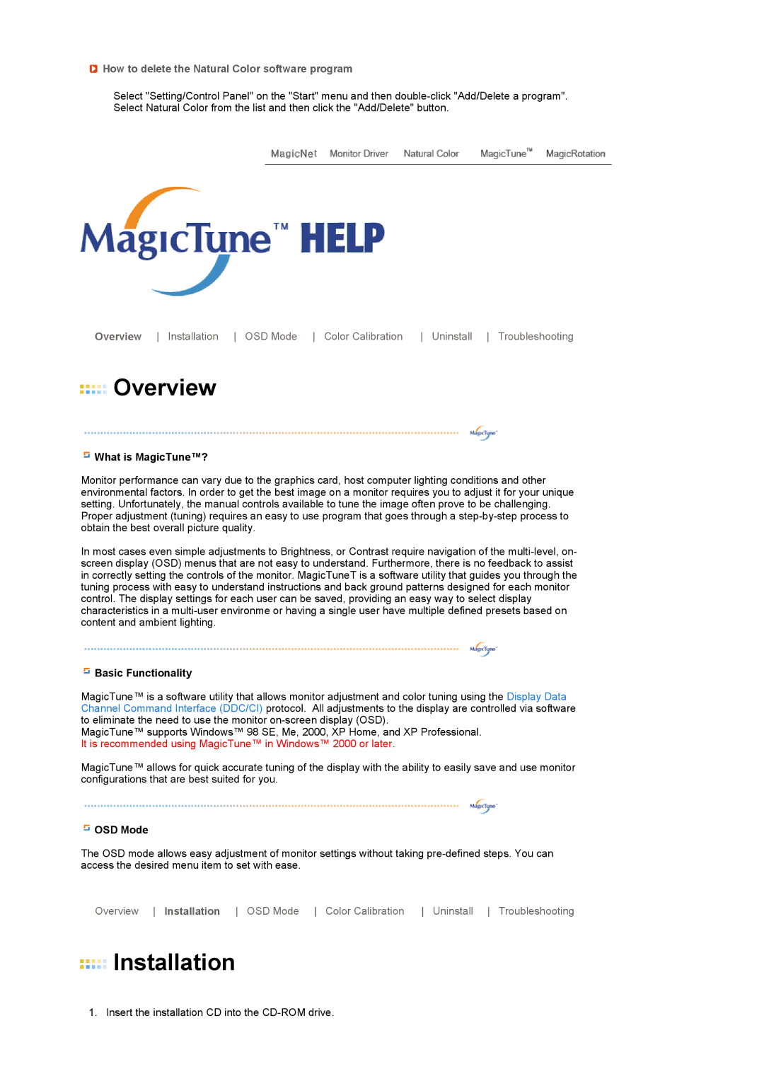 Samsung LS17SRTTSN/EDC How to delete the Natural Color software program, What is MagicTune?, Basic Functionality, OSD Mode 