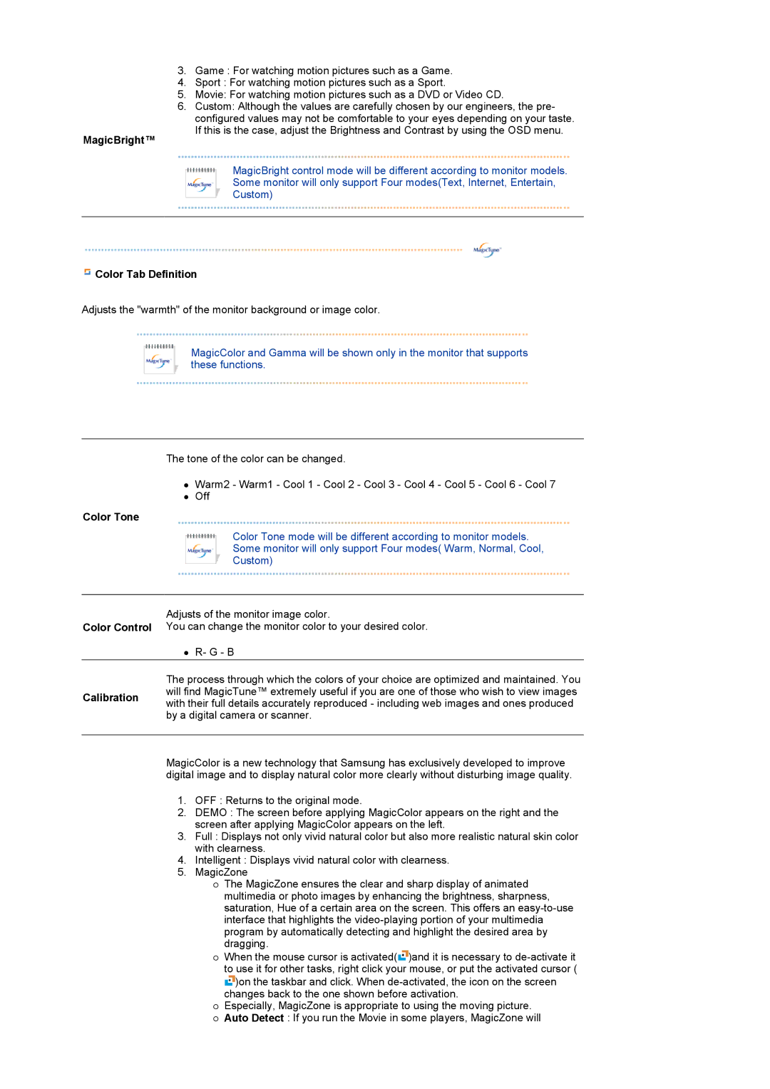 Samsung LS17SRTTSN/EDC manual MagicBright, Color Tab Definition, Color Tone 