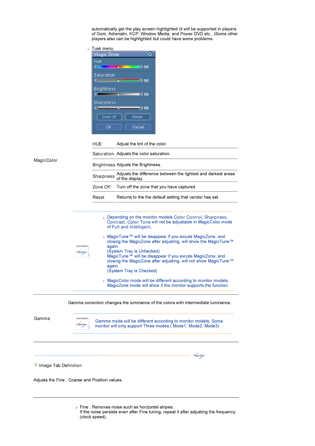 Samsung LS17SRTTSN/EDC manual MagicColor Brightness Sharpness Zone Off Reset, Image Tab Definition 