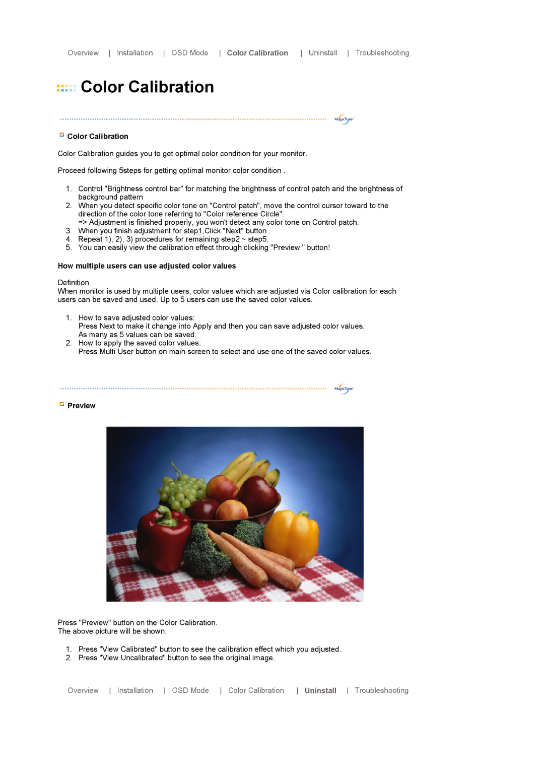 Samsung LS17SRTTSN/EDC manual Color Calibration, How multiple users can use adjusted color values, Preview 