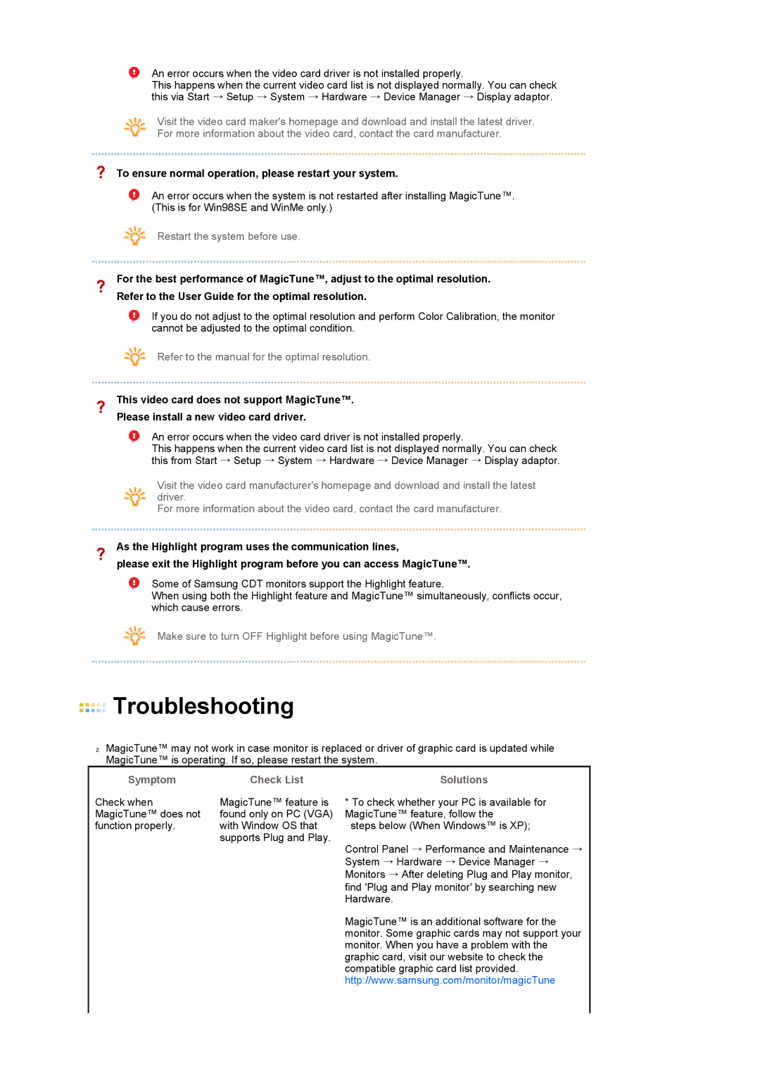 Samsung LS17SRTTSN/EDC manual To ensure normal operation, please restart your system, Symptom Check List 
