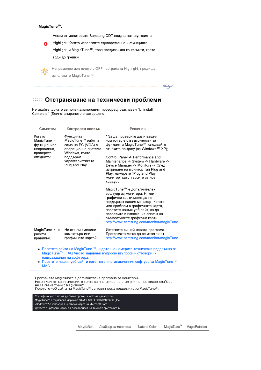 Samsung LS17SRTTSN/EDC manual MagicTune, Симптом Контролен списък Решения 