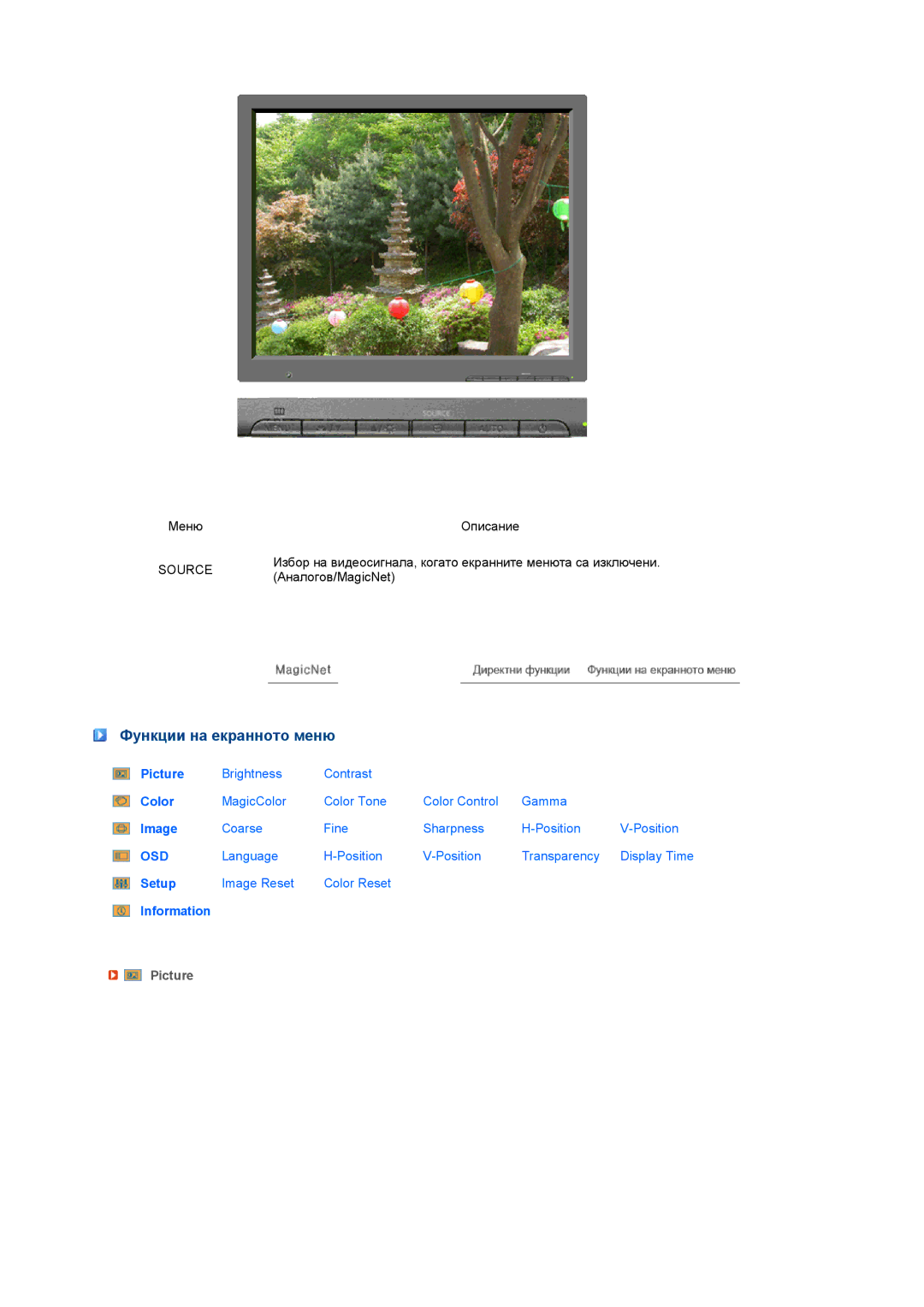Samsung LS17SRTTSN/EDC manual Функции на екранното меню, Picture 