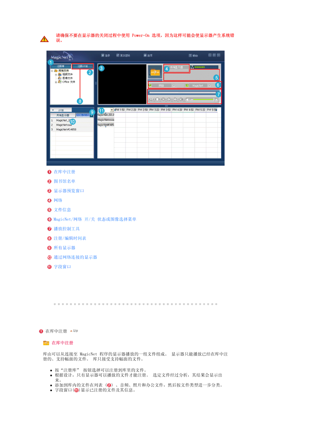 Samsung LS17SRTTSN/EDC manual 请确保不要在显示器的关闭过程中使用 Power-On 选项，因为这样可能会使显示器产生系统错 误。 