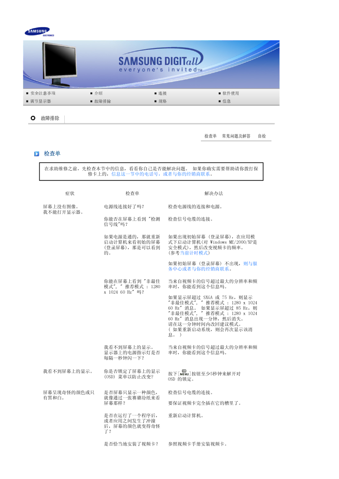 Samsung LS17SRTTSN/EDC manual 检查单, 修卡上的，信息这一节中的电话号，或者与你的经销商联系。 