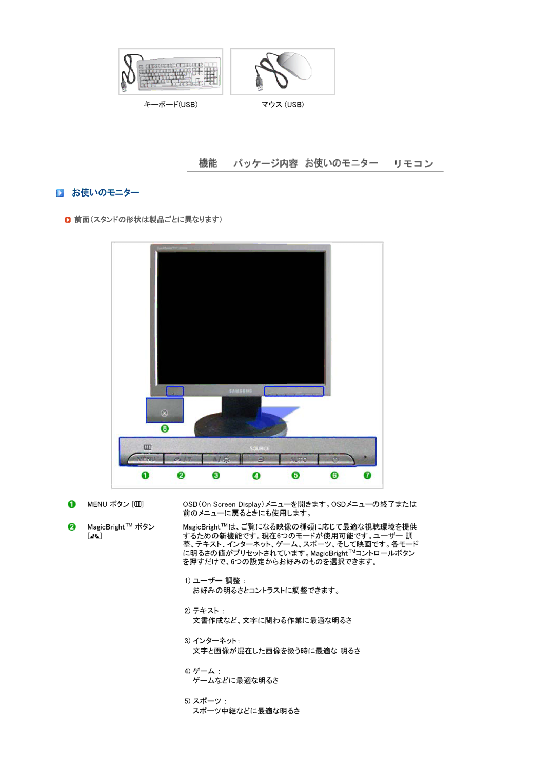 Samsung LS17SRTTSN/XSJ manual お使いのモニター, 前面（スタンドの形状は製品ごとに異なります） 