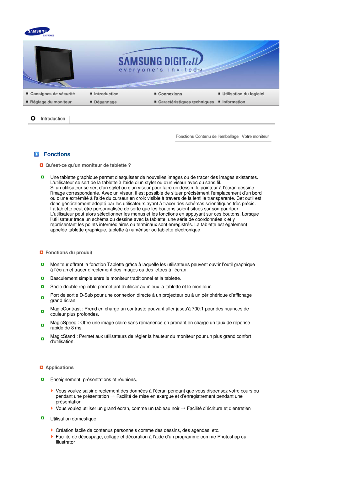 Samsung LS17TBTQS/EDC manual Quest-ce quun moniteur de tablette ?, Fonctions du produit, Applications 