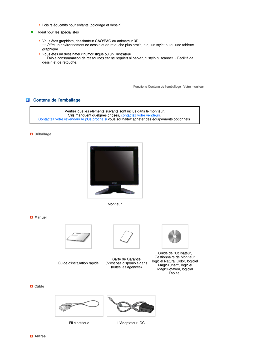 Samsung LS17TBTQS/EDC manual Contenu de l’emballage, Déballage, Manuel, Câble, Autres 