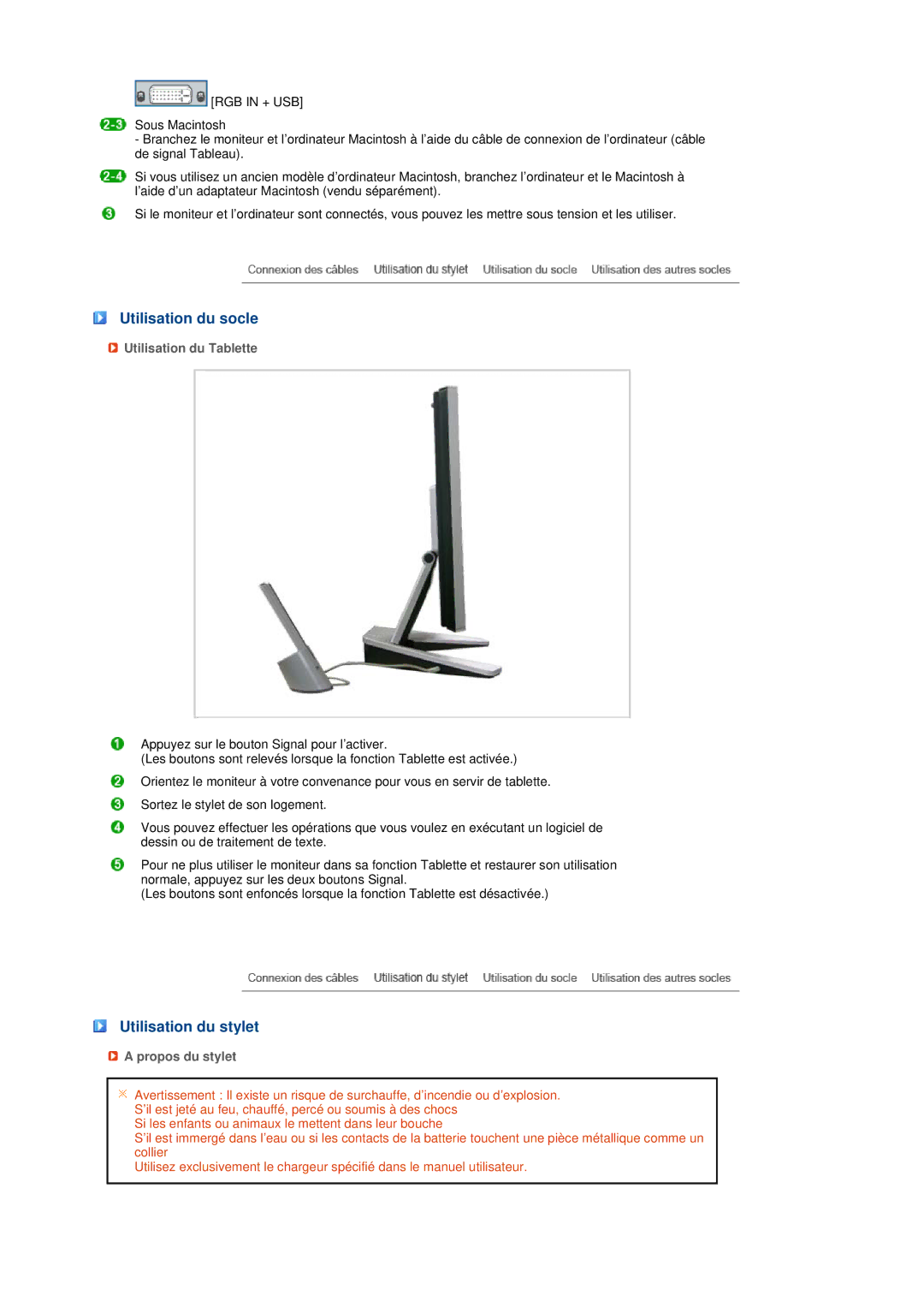 Samsung LS17TBTQS/EDC manual Utilisation du socle, Utilisation du stylet, Utilisation du Tablette, Propos du stylet 