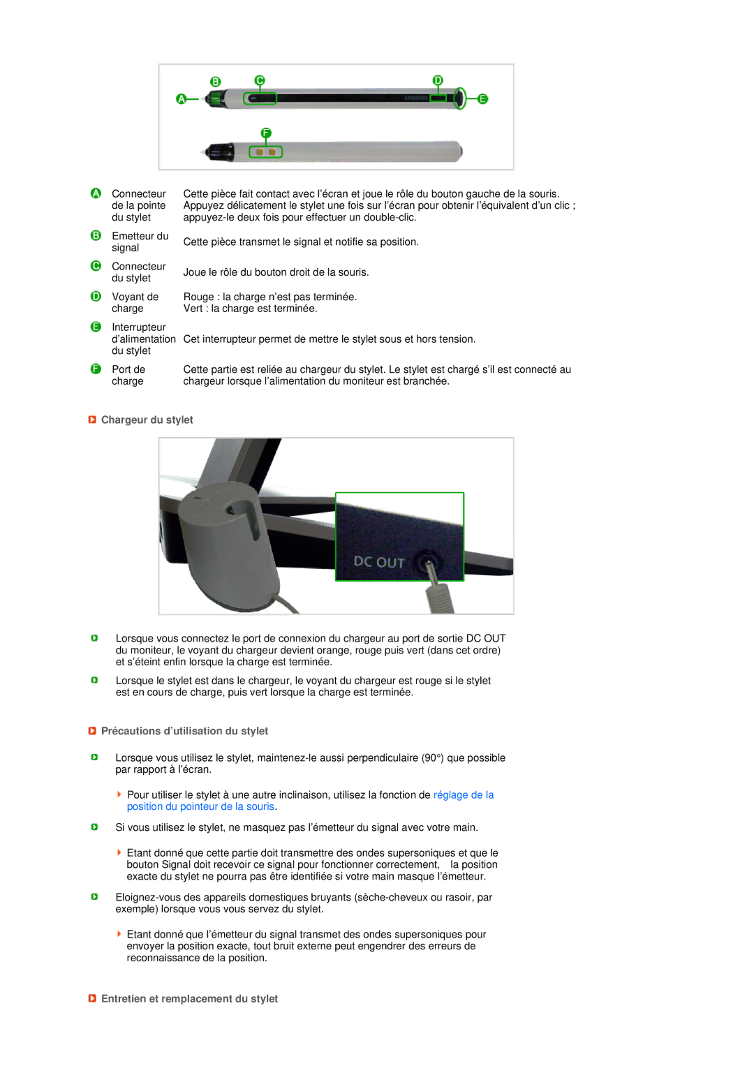 Samsung LS17TBTQS/EDC manual Chargeur du stylet, Précautions d’utilisation du stylet, Entretien et remplacement du stylet 