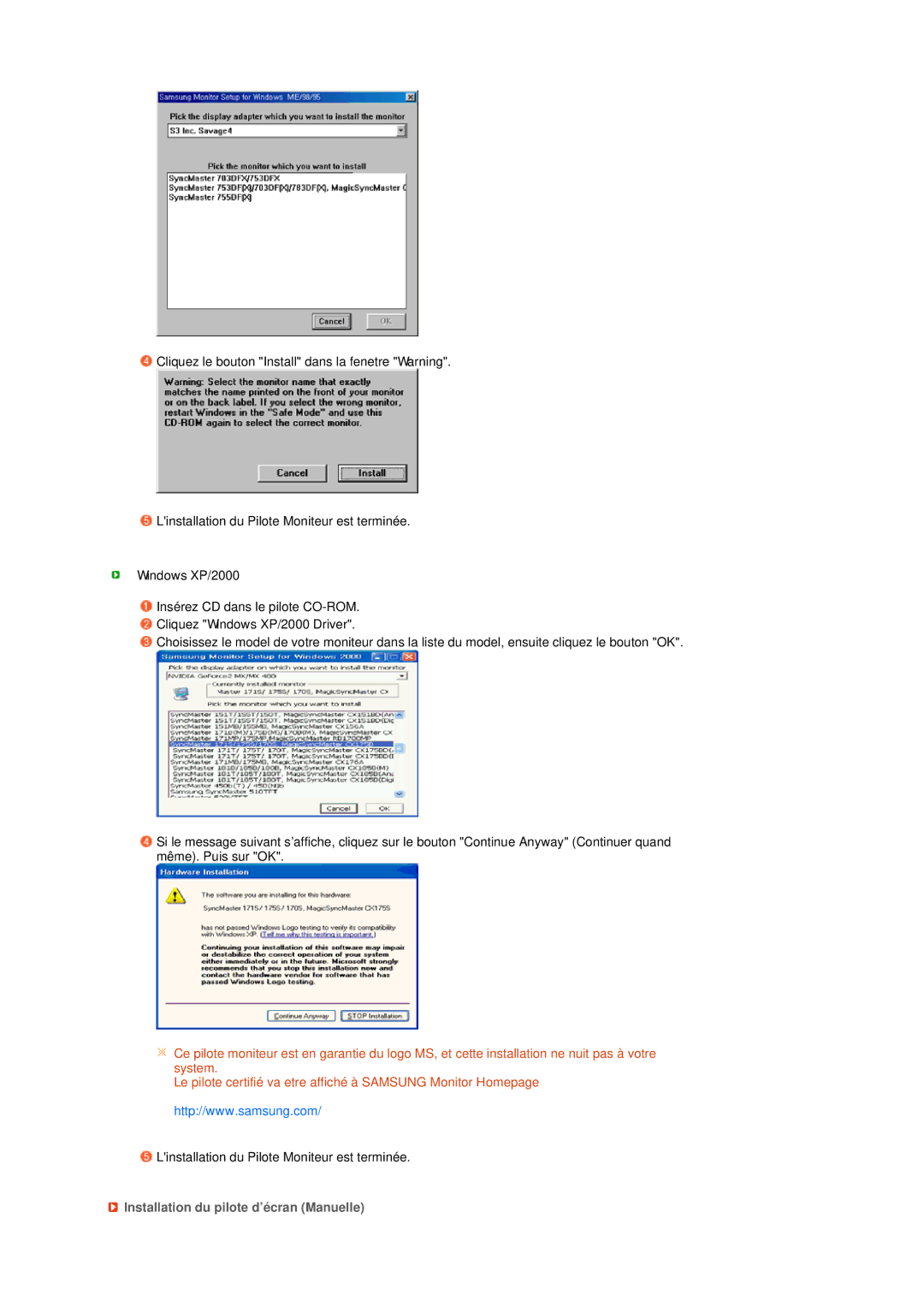 Samsung LS17TBTQS/EDC manual Installation du pilote d’écran Manuelle 