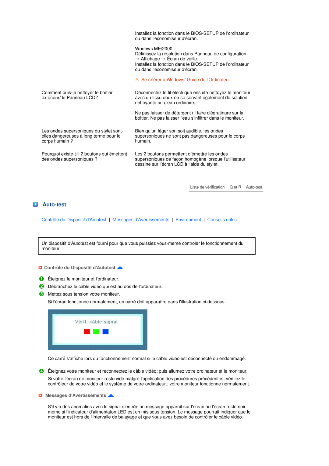 Samsung LS17TBTQS/EDC manual Auto-test, Contrôle du Dispositif dAutotest, Messages dAvertissements 