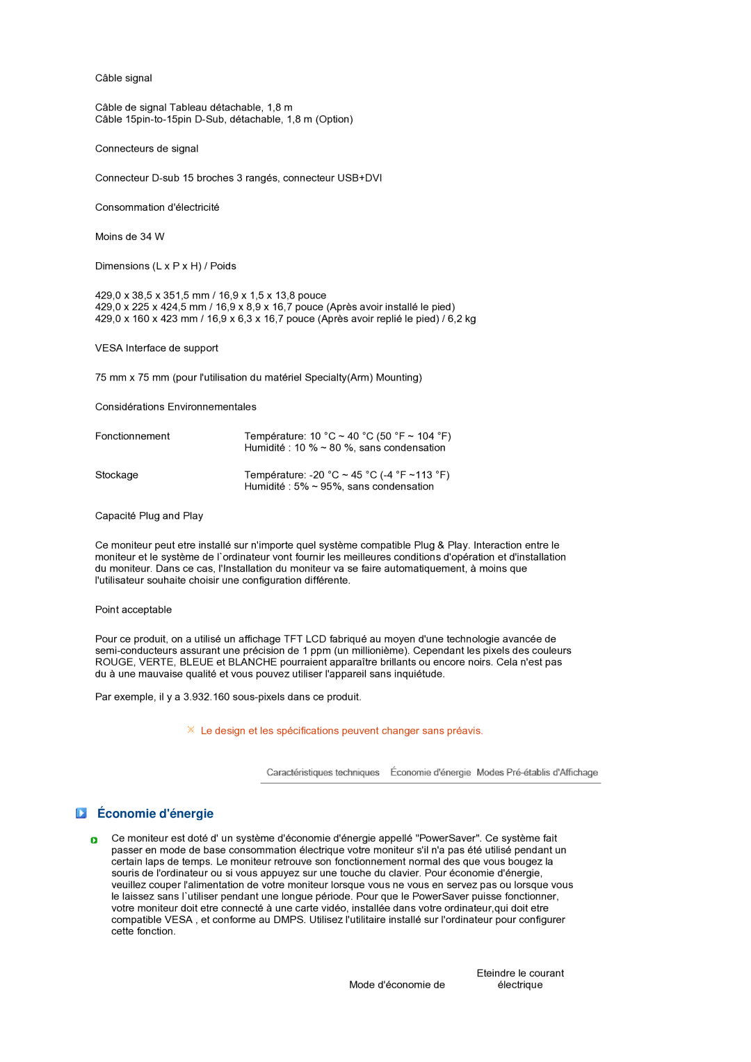 Samsung LS17TBTQS/EDC manual Économie dénergie 