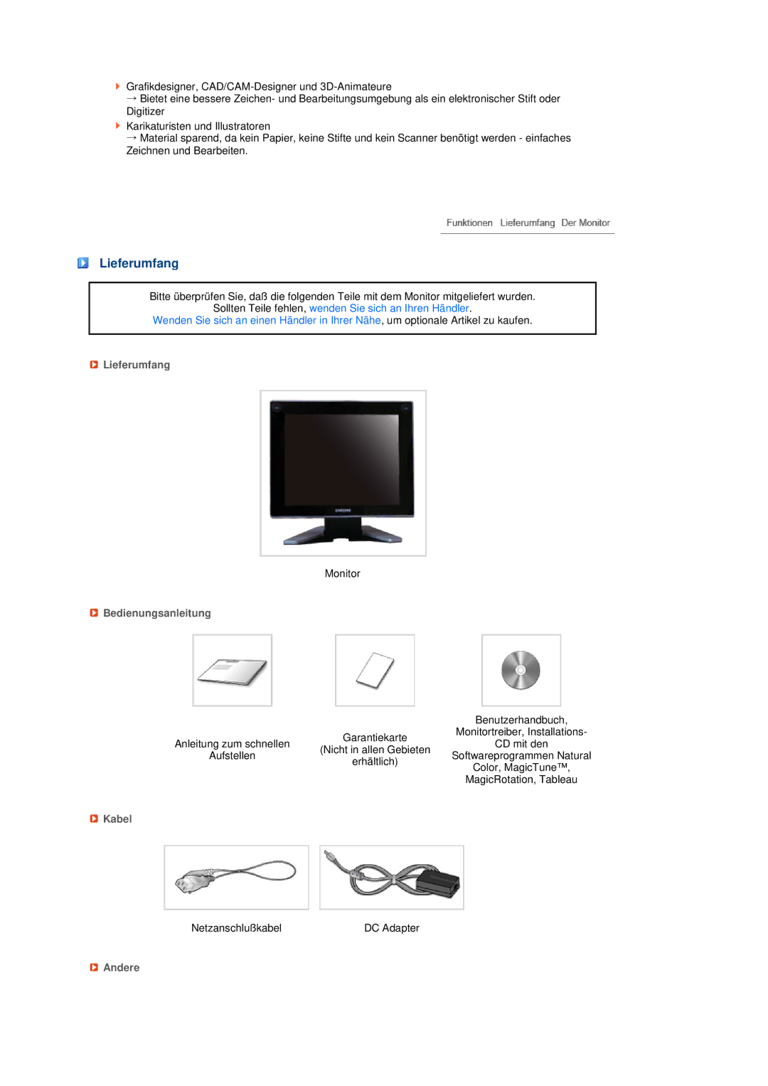 Samsung LS17TBTQS/EDC manual Lieferumfang, Bedienungsanleitung, Kabel, Andere 