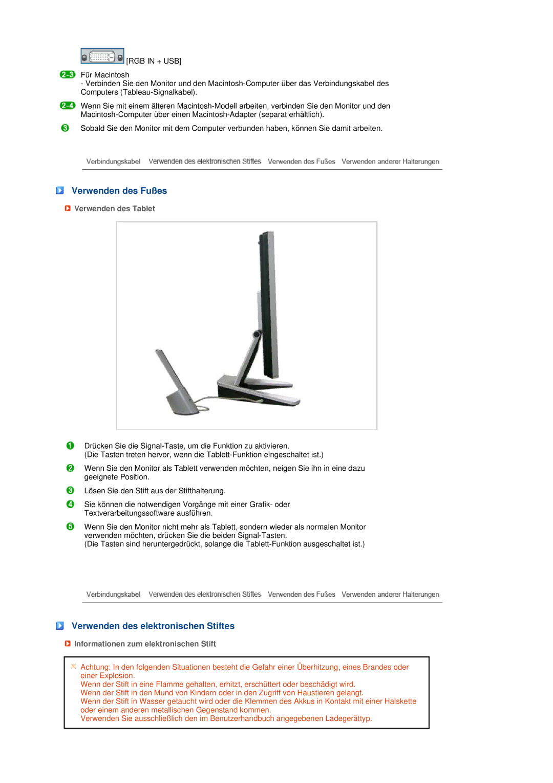 Samsung LS17TBTQS/EDC manual Verwenden des Fußes, Verwenden des elektronischen Stiftes, Verwenden des Tablet 