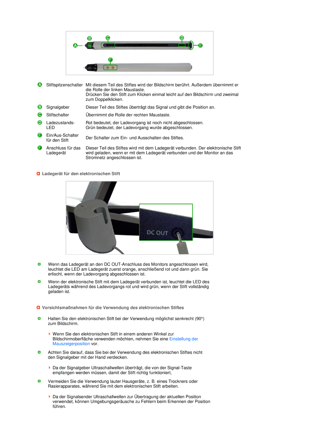 Samsung LS17TBTQS/EDC manual Led, Ladegerät für den elektronischen Stift 