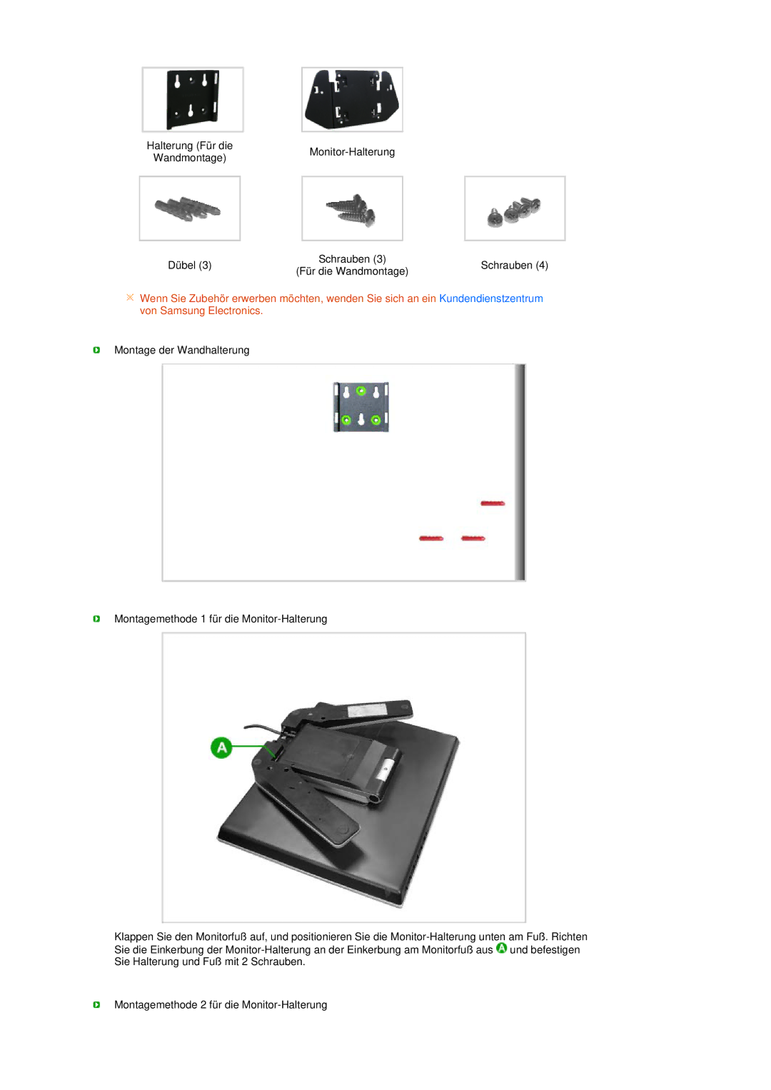 Samsung LS17TBTQS/EDC manual Halterung Für die Monitor-Halterung Wandmontage Dübel 