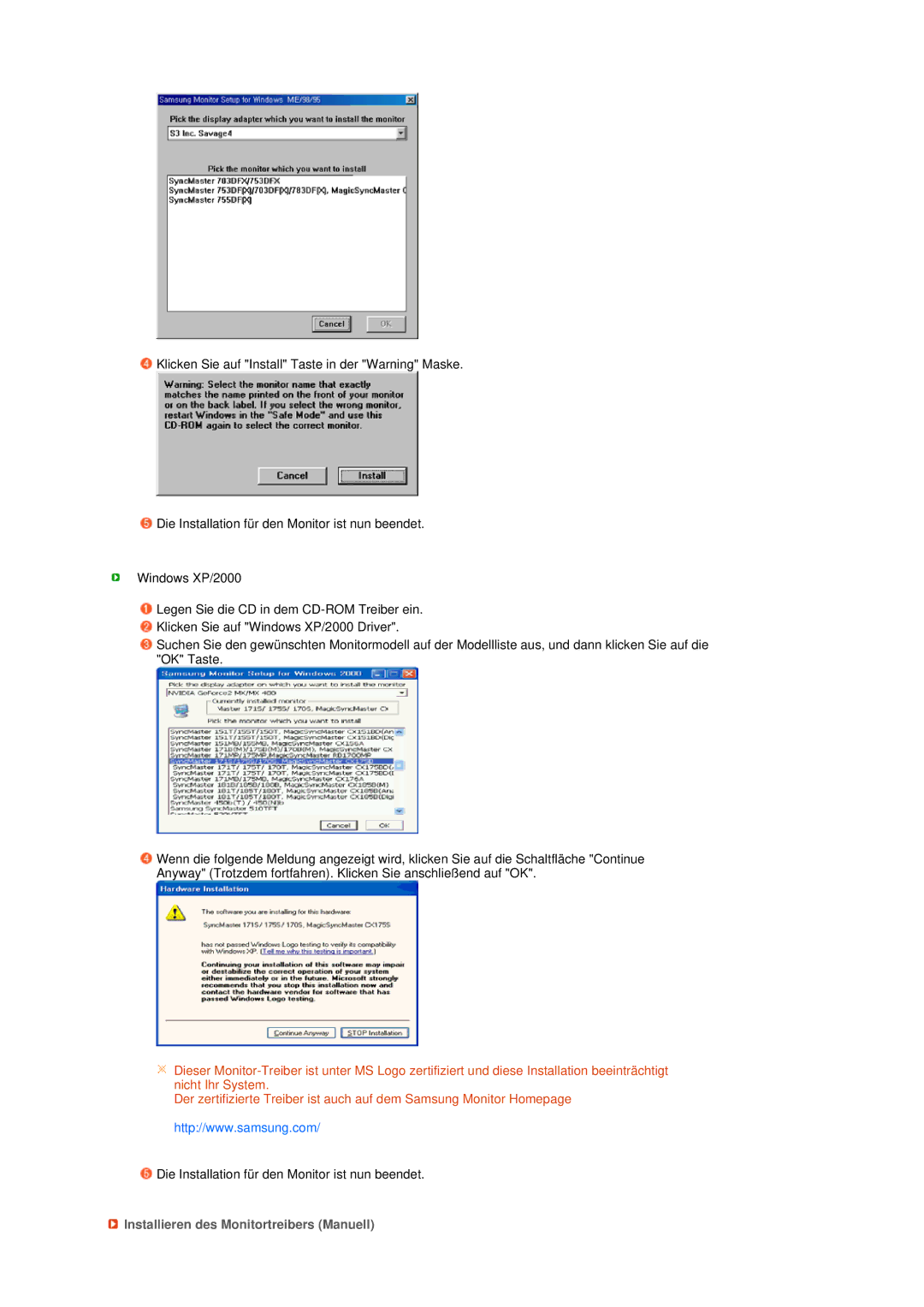 Samsung LS17TBTQS/EDC manual Installieren des Monitortreibers Manuell 