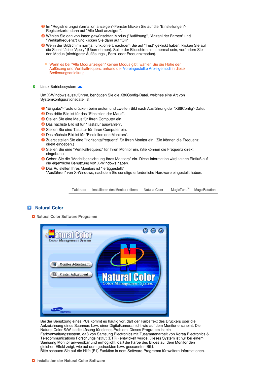 Samsung LS17TBTQS/EDC manual Natural Color Software Programm, Installation der Natural Color Software 