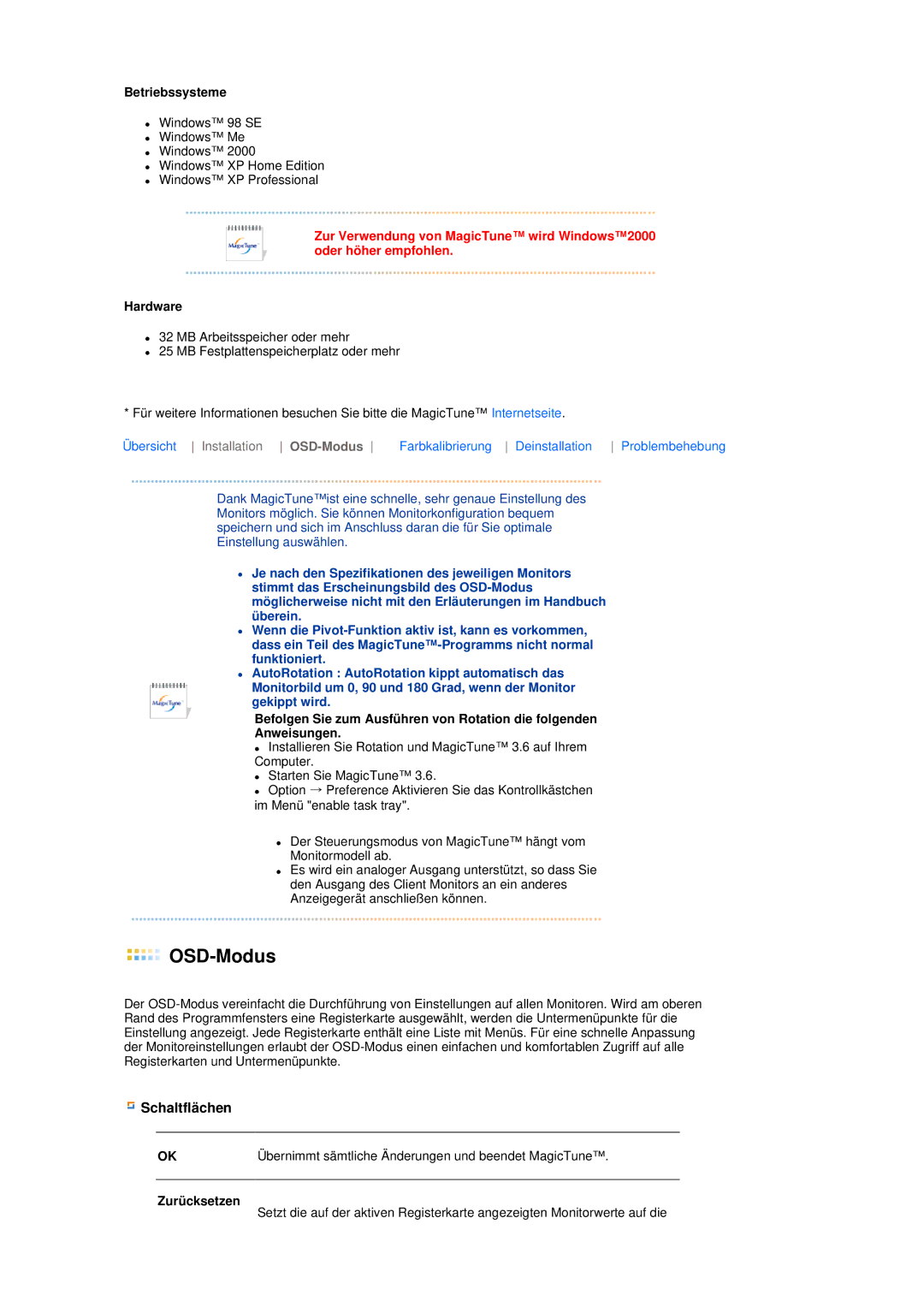 Samsung LS17TBTQS/EDC manual OSD-Modus, Schaltflächen 