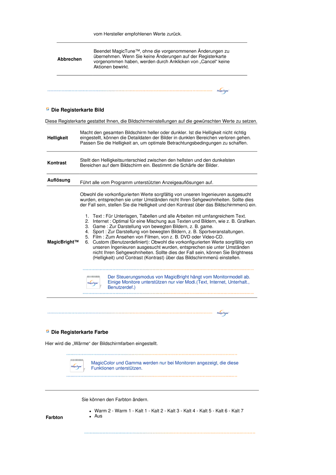 Samsung LS17TBTQS/EDC manual Die Registerkarte Bild, Die Registerkarte Farbe 