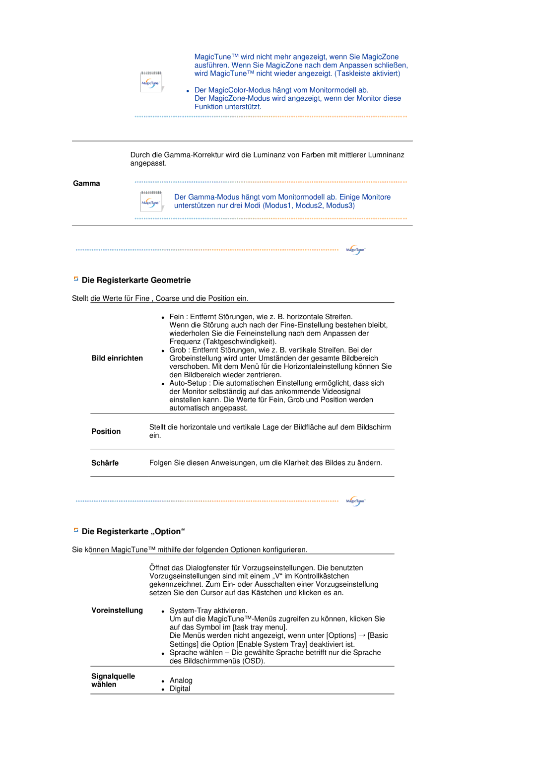 Samsung LS17TBTQS/EDC manual Die Registerkarte Geometrie, Die Registerkarte „Option 