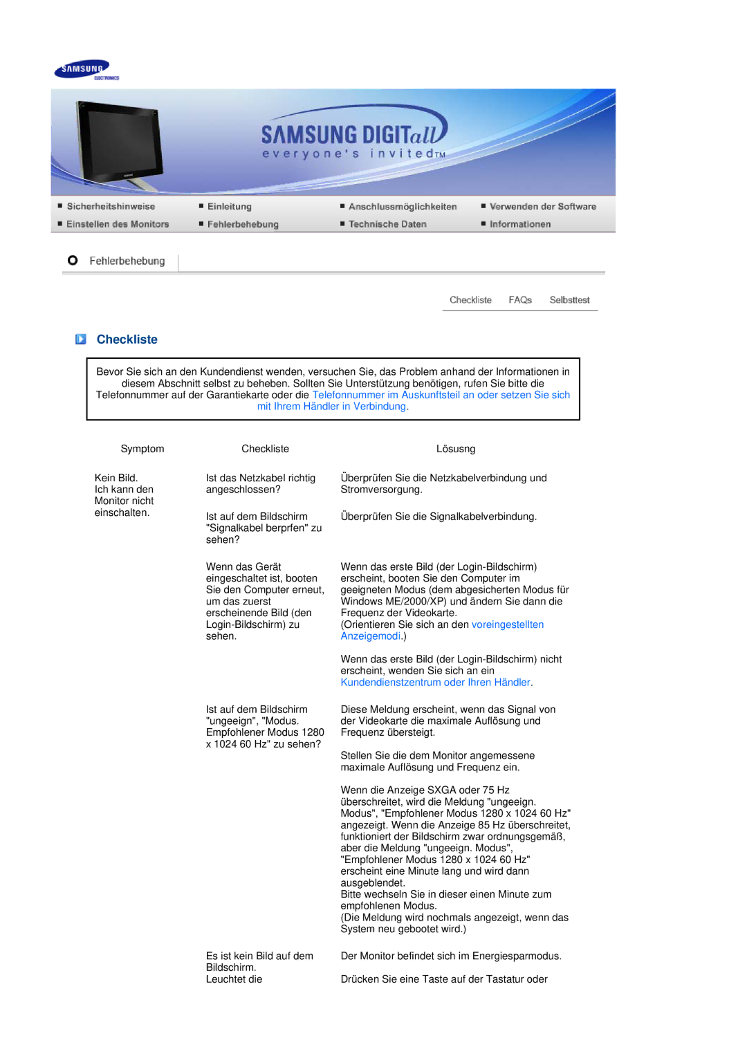 Samsung LS17TBTQS/EDC manual Checkliste 