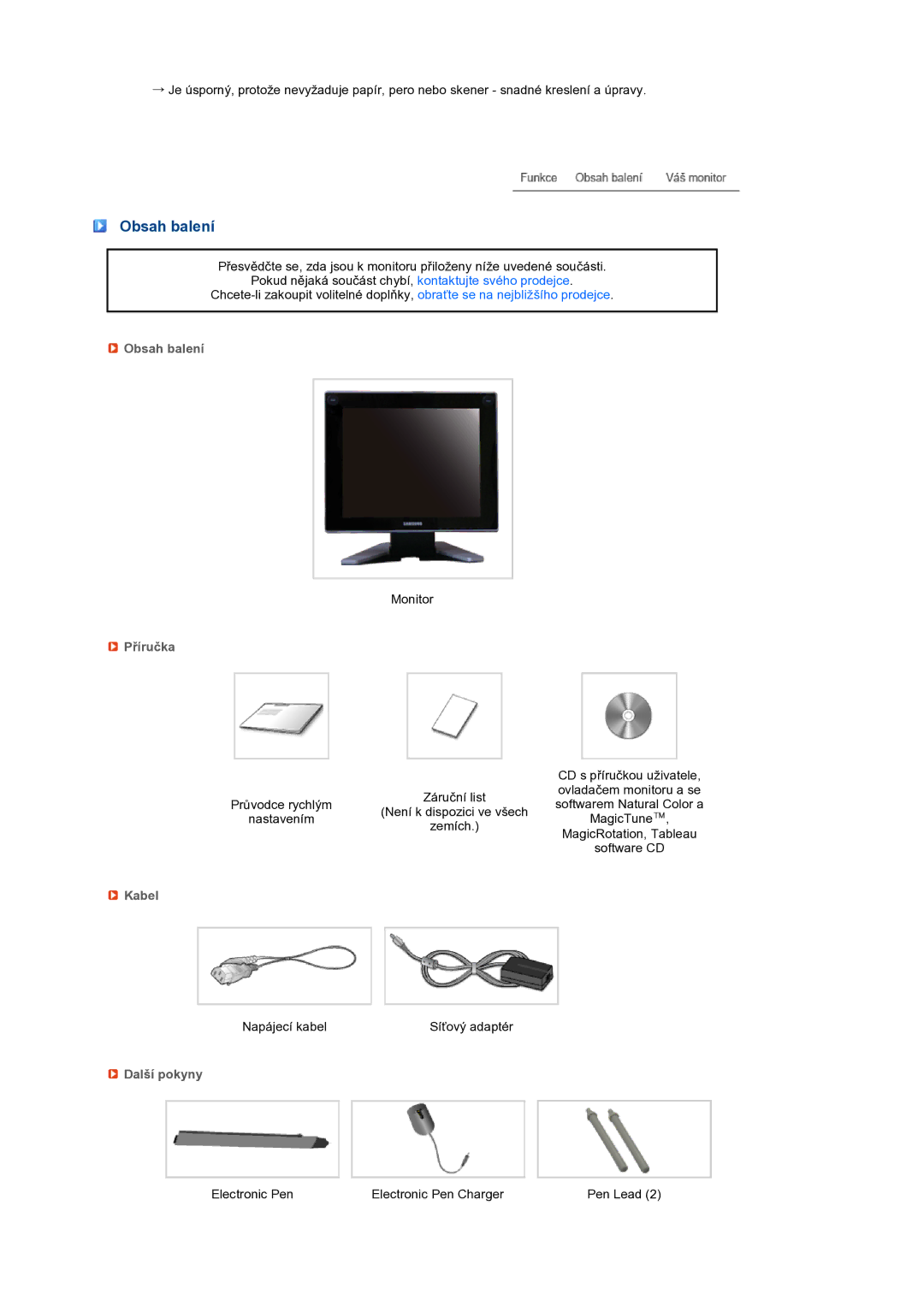 Samsung LS17TBTQS/EDC manual Obsah balení, Příručka, Kabel, Další pokyny 