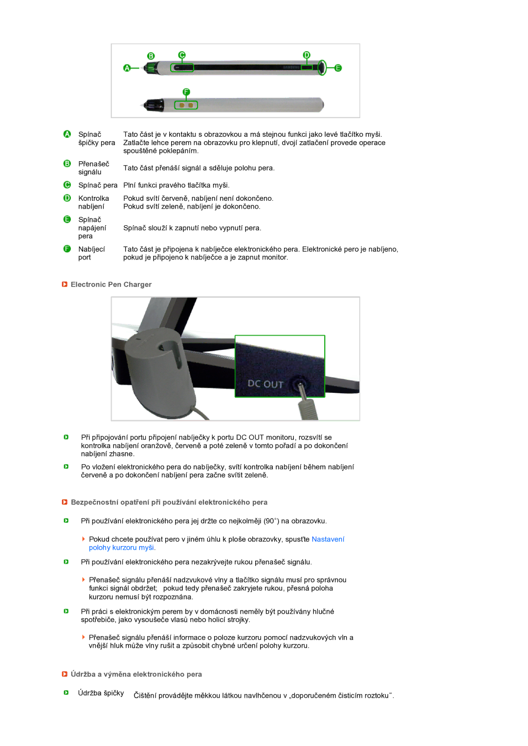 Samsung LS17TBTQS/EDC manual Electronic Pen Charger, Bezpečnostní opatření při používání elektronického pera 