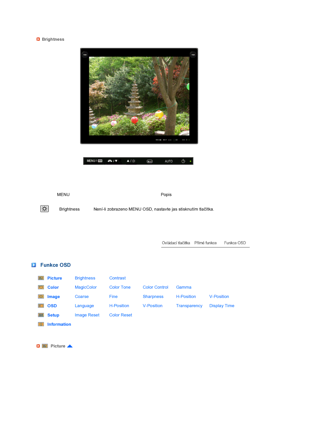 Samsung LS17TBTQS/EDC manual Funkce OSD, Brightness, Picture 
