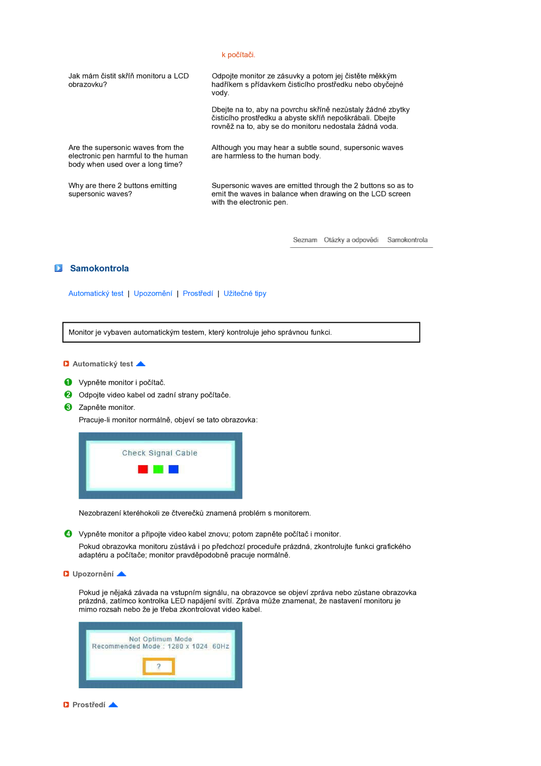 Samsung LS17TBTQS/EDC manual Samokontrola, Automatický test, Upozornění, Prostředí 