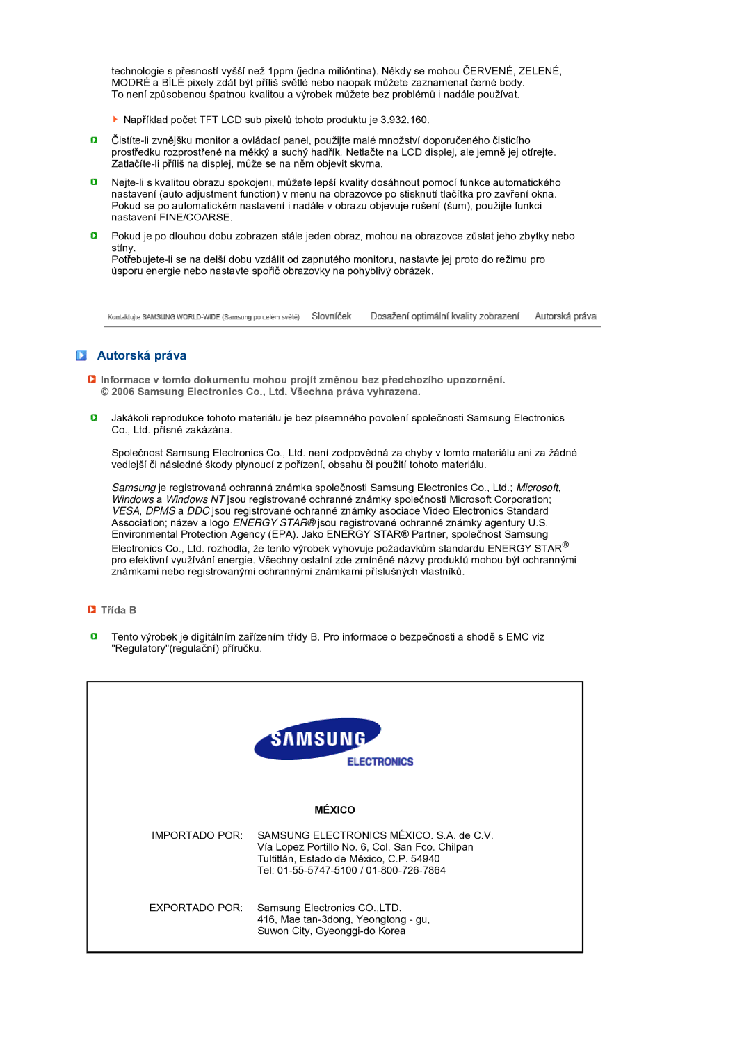 Samsung LS17TBTQS/EDC manual Autorská práva, Třída B 