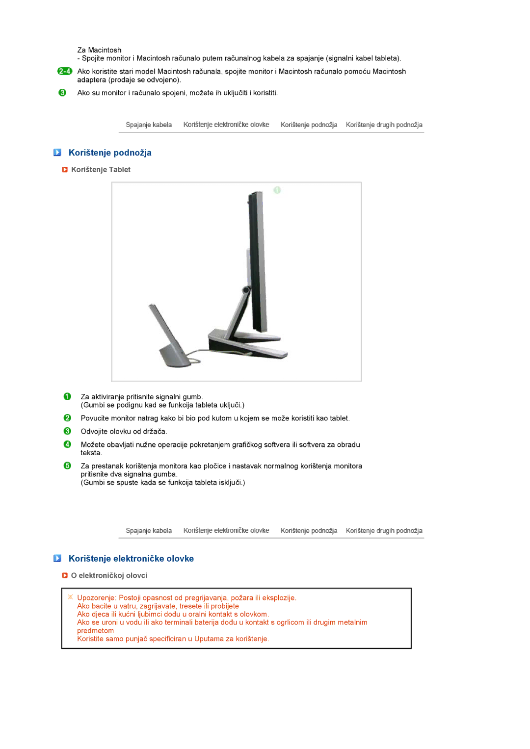 Samsung LS17TBTQS/EDC manual Korištenje podnožja, Korištenje elektroničke olovke, Korištenje Tablet, Elektroničkoj olovci 