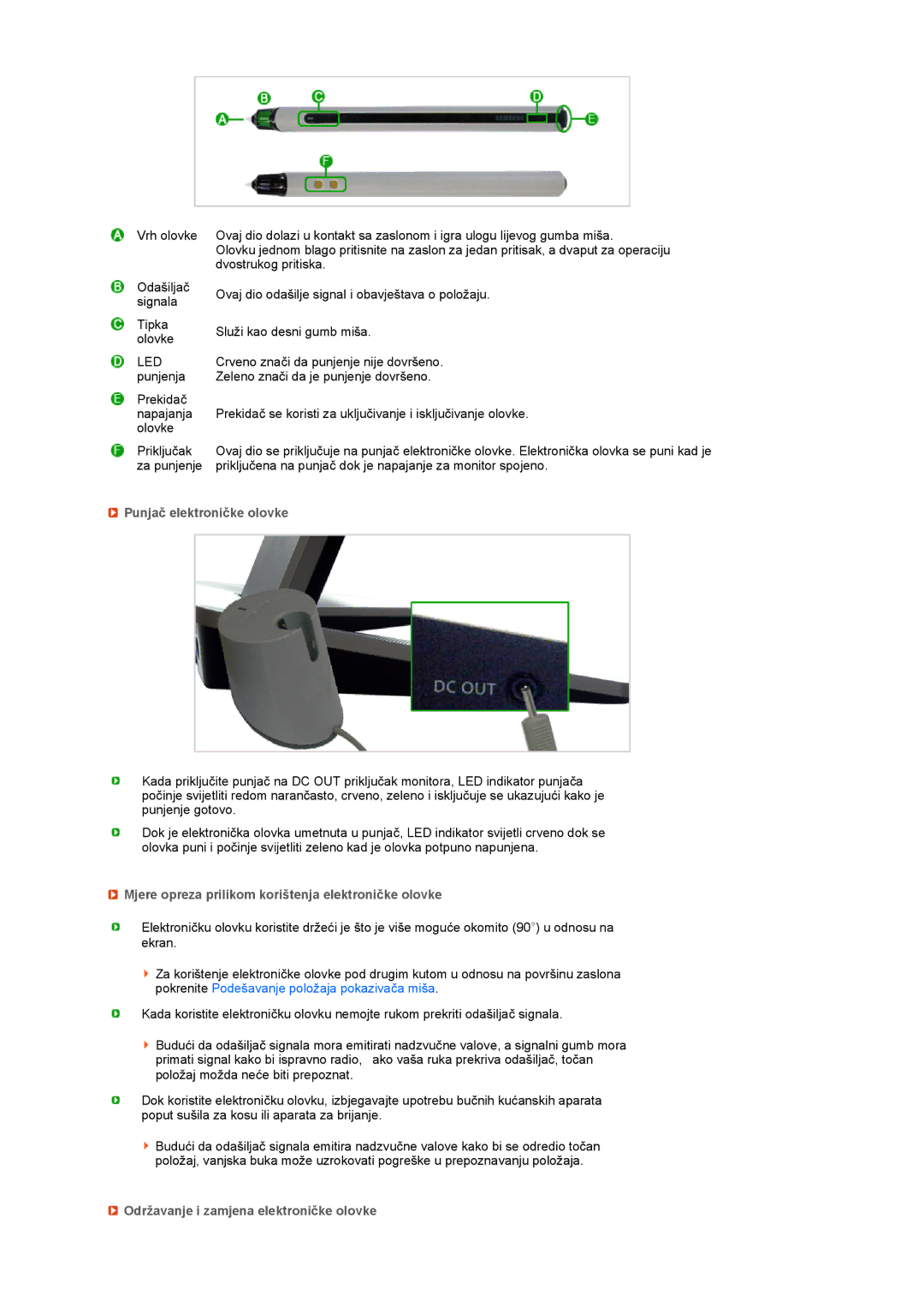 Samsung LS17TBTQS/EDC manual Punjač elektroničke olovke, Mjere opreza prilikom korištenja elektroničke olovke 