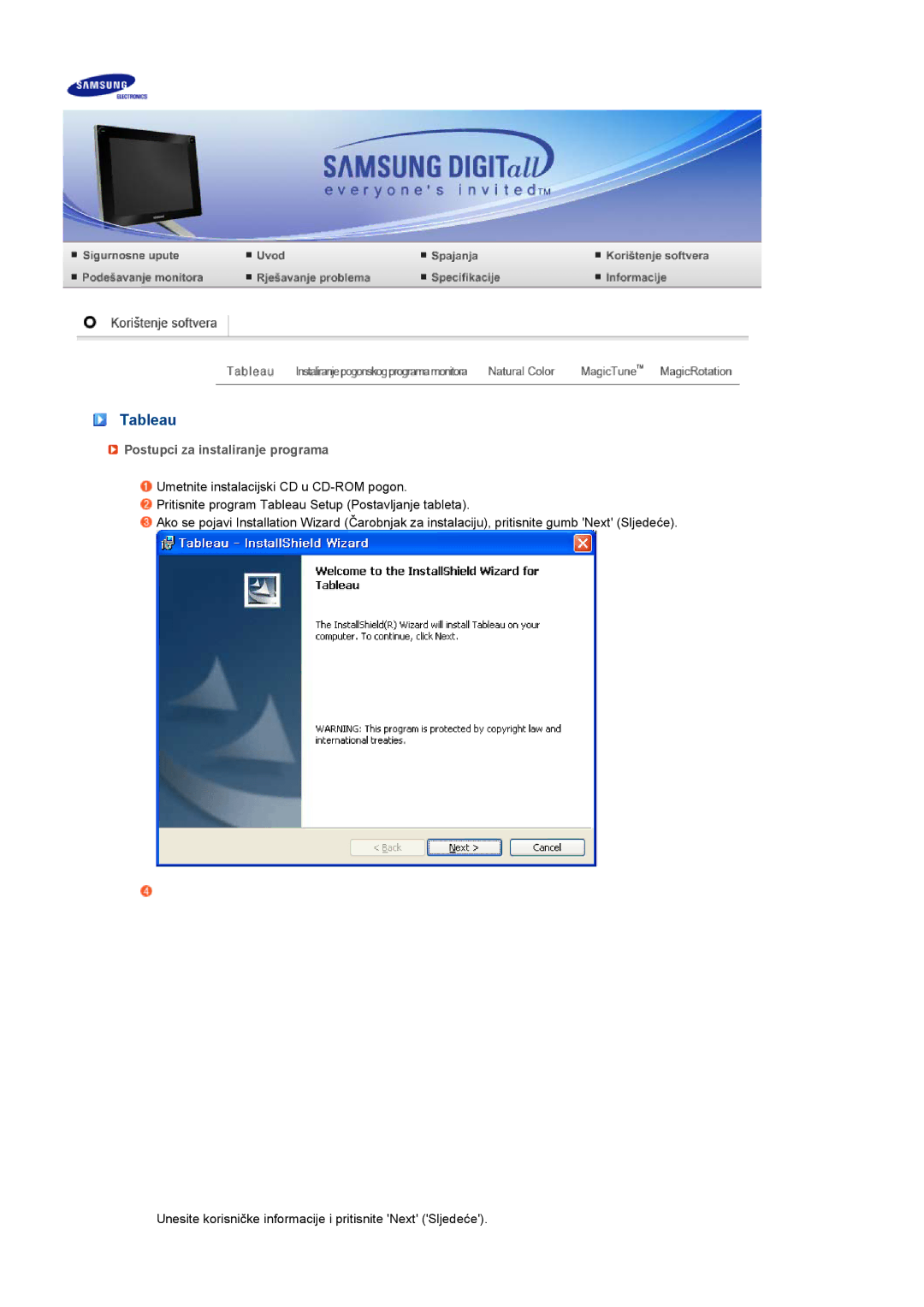 Samsung LS17TBTQS/EDC manual Tableau, Postupci za instaliranje programa 