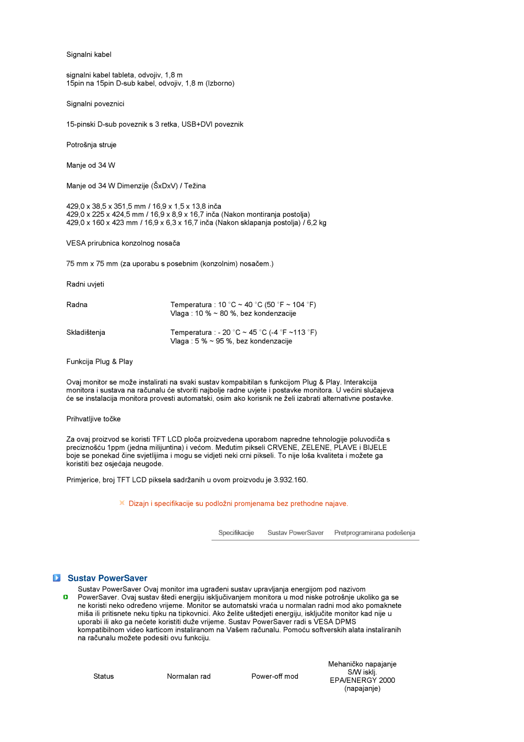 Samsung LS17TBTQS/EDC manual Sustav PowerSaver, Epa/Energy 