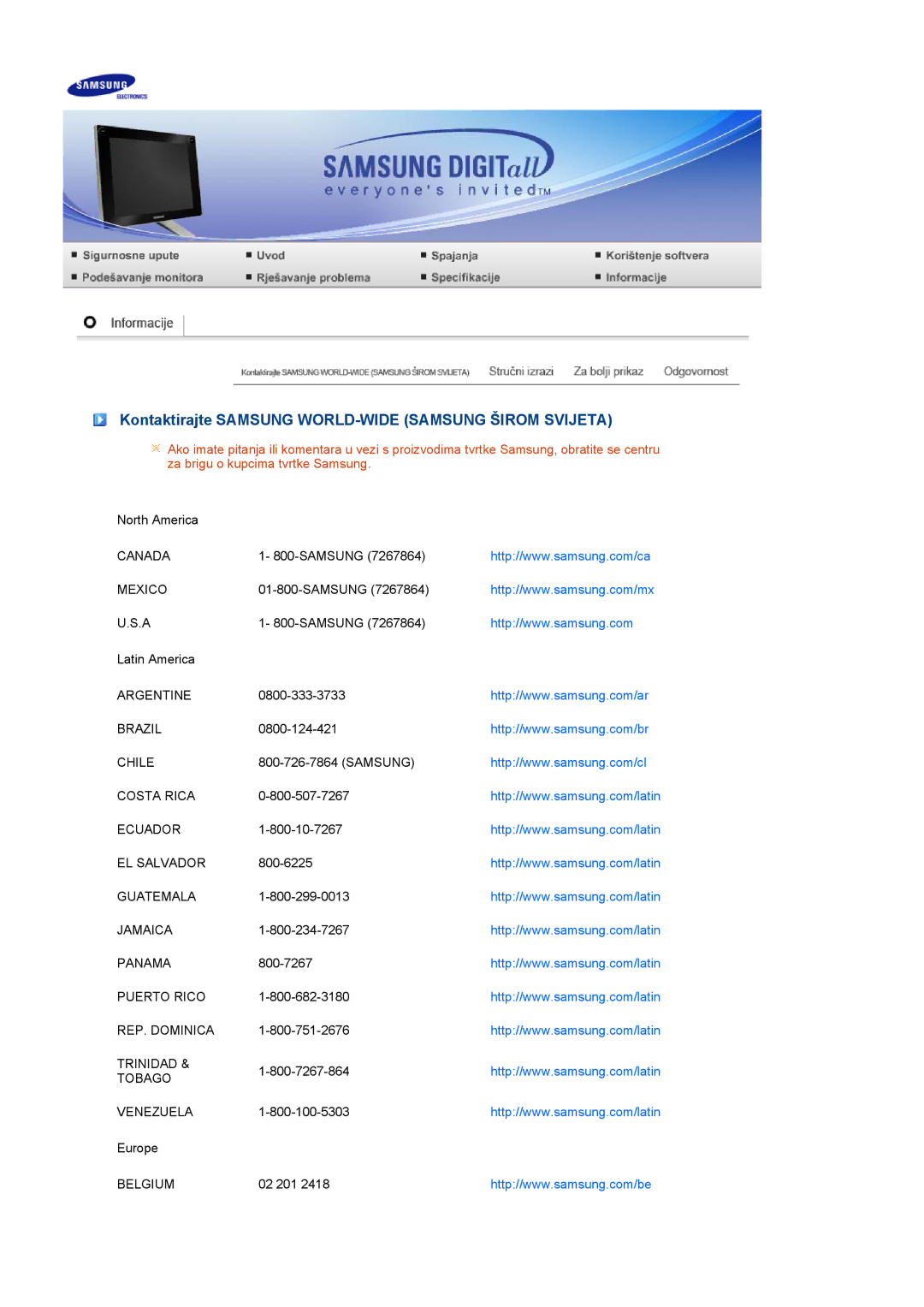 Samsung LS17TBTQS/EDC manual Kontaktirajte Samsung WORLD-WIDE Samsung Širom Svijeta 